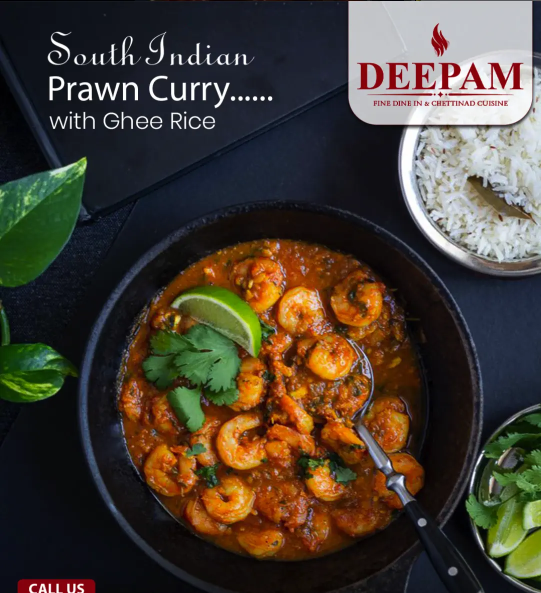 Prawn Curry at Deepam Calgary - Fresh prawns in spicy curry with South Indian flavors